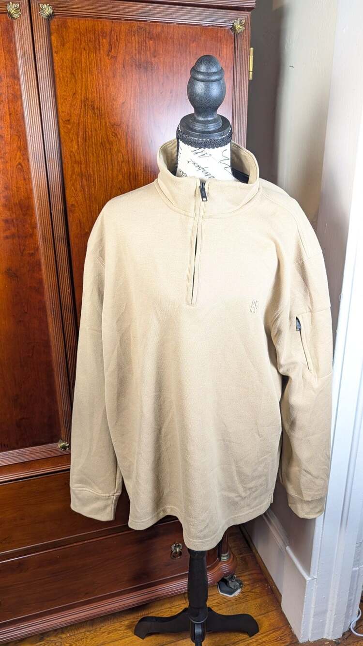 DKNY Men's Beige Quarter-Zip Fleece Pullover Sweatshirt with Sleeve Pocket XL